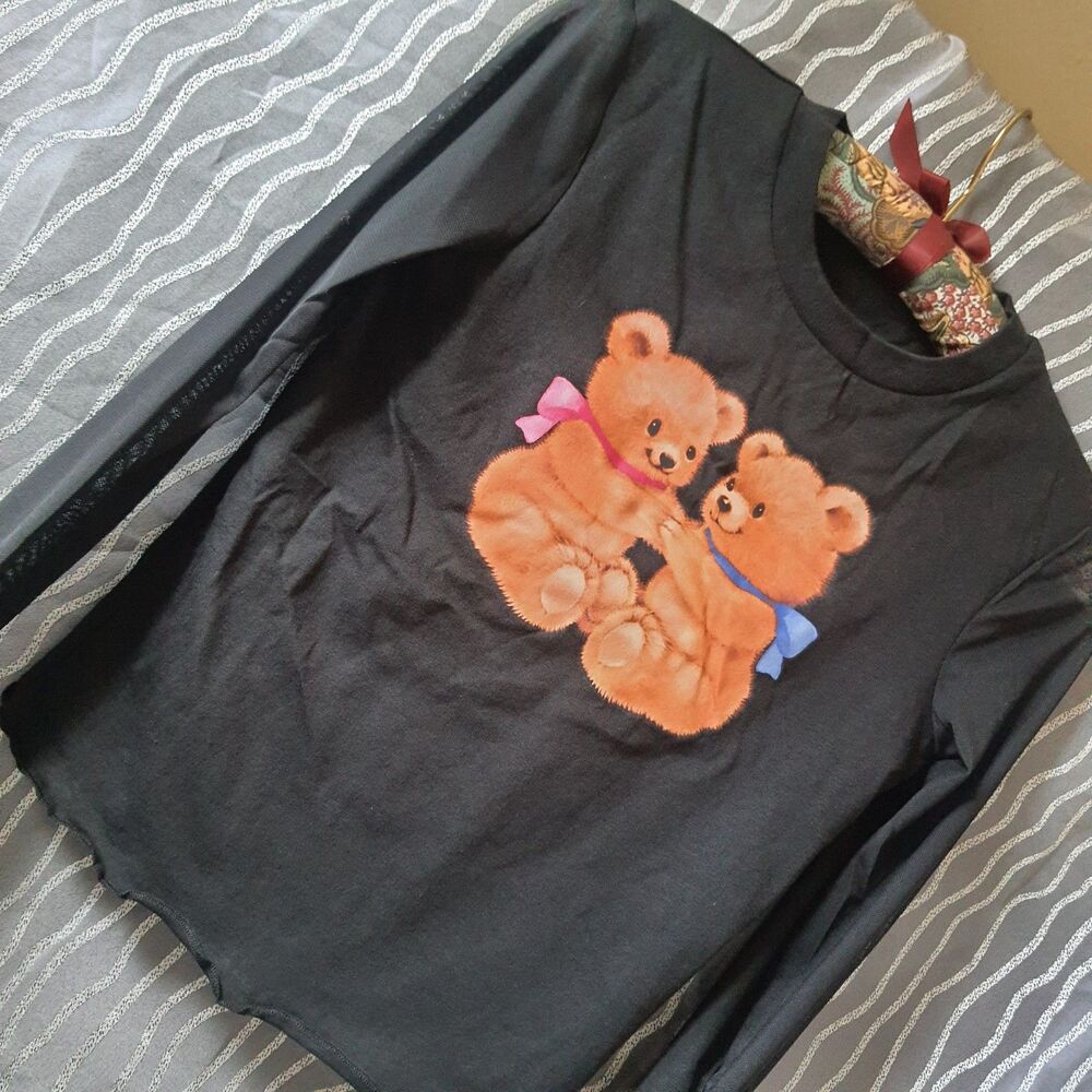 Delias Teddy Bear Sheer Mesh Shirt Womens XS Long Sleeve Top Retro Dolls Kill